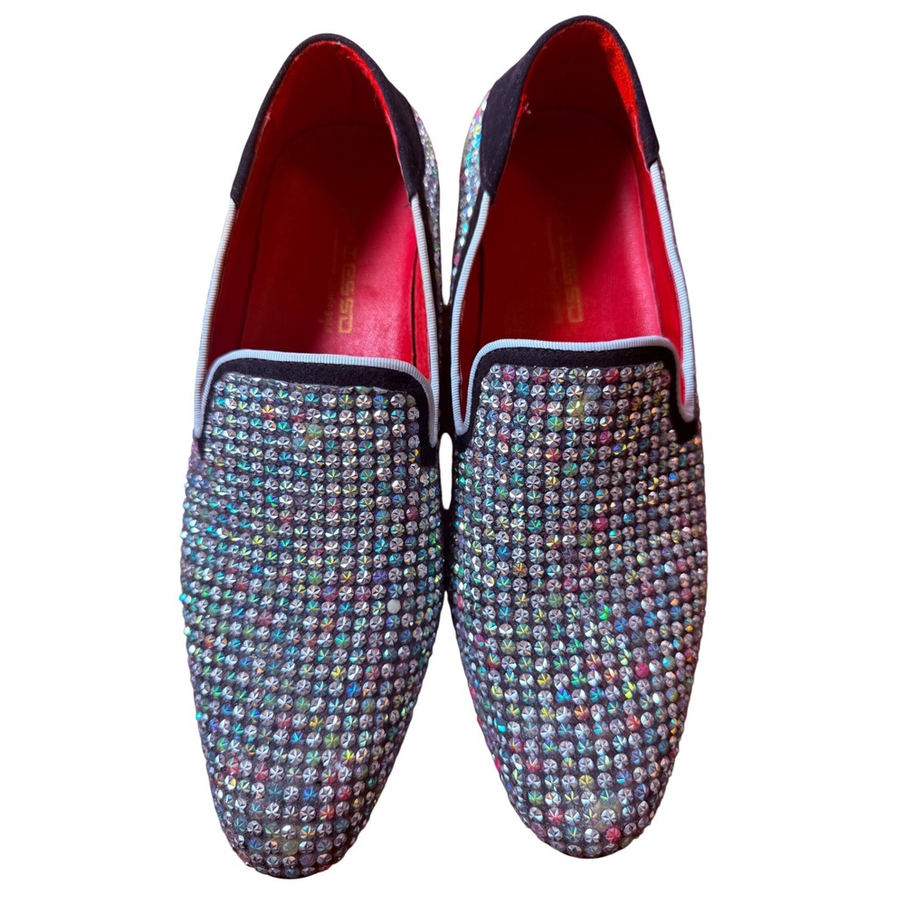 Fiesso Loafers Mens 8 Black Iridescent Leather Rhinestone Dress Shoes Red Bottom